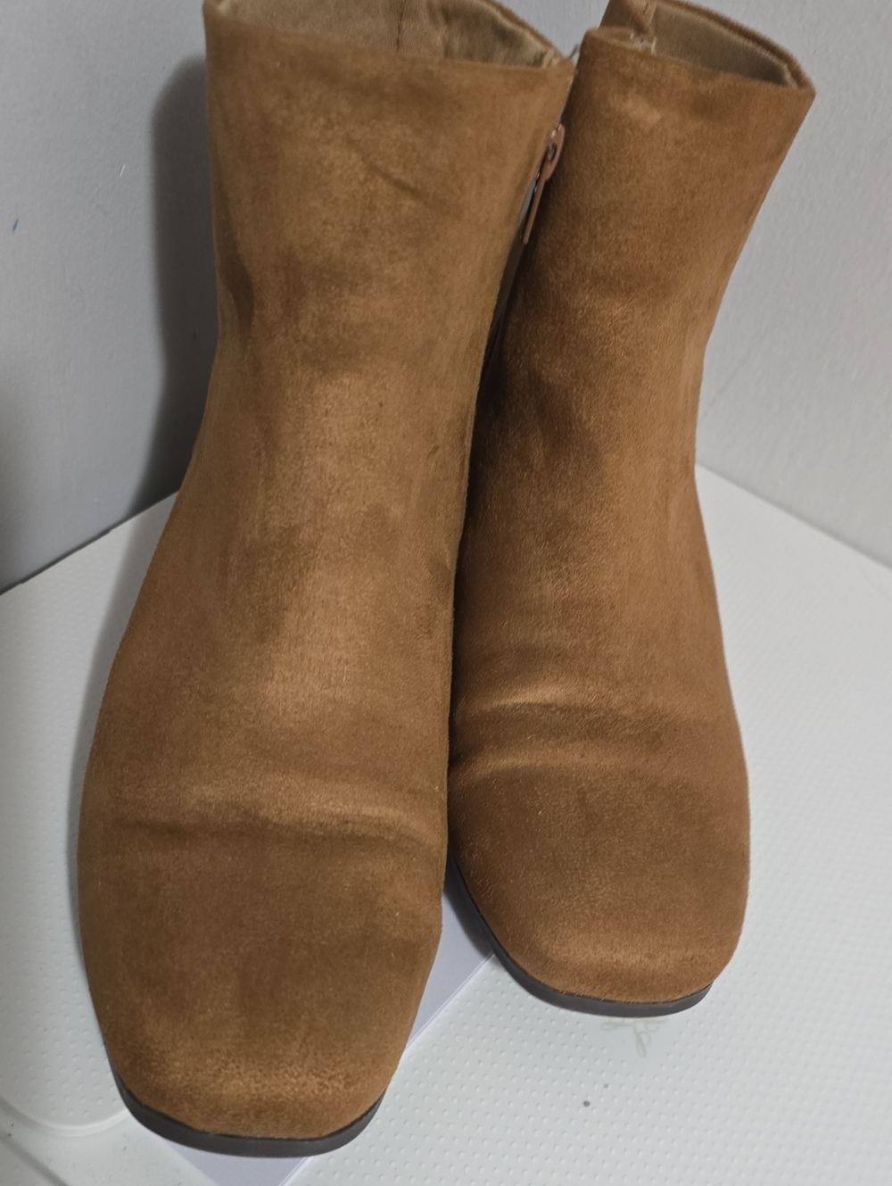 Time and Tru Tan Suede Ankle Booties with Side Zip Excellent